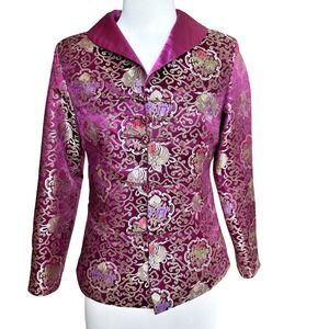 VTG Chinese Floral Brocade Jacket Satin Lined Silk Blazer M Magenta Frog Closure